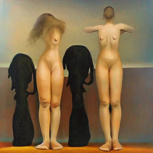 Prompt: three intiates, surrealism, oil on canvas, high detail