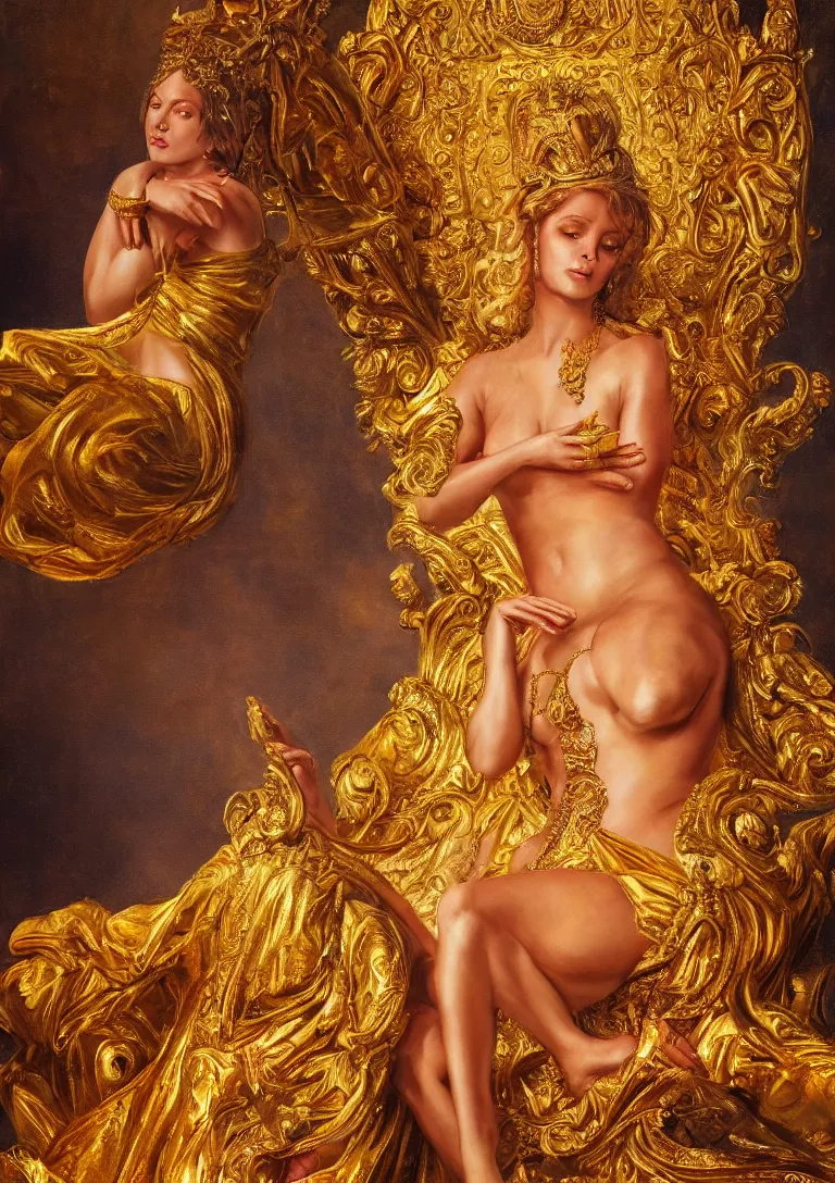 Image similar to a beautiful painting of a golden goddess sitting on a throne, detailed portrait, dennis velleneuve, warm colors, ultra realistic, 8 k, photography