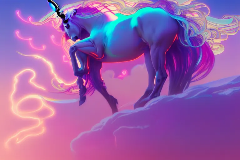 Prompt: wide angle shot of a beautiful neon radiant unicorn, alphonse mucha, rhads, ross tran, artstation, artgem, octane render, 1 6 k