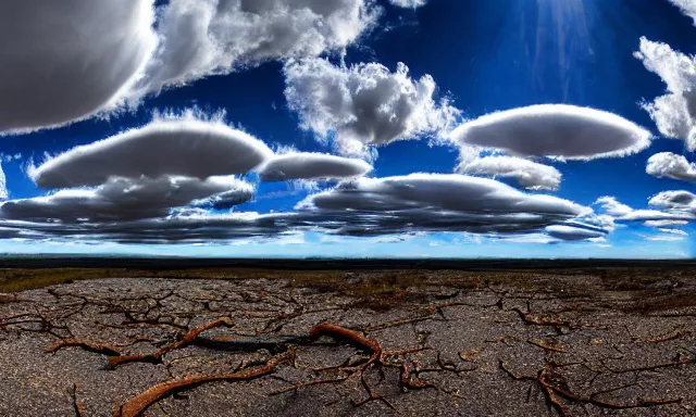Image similar to panorama of big raindrops flying upwards into the perfect cloudless blue sky from a dried up river in a desolate land, dead trees, blue sky, hot and sunny highly-detailed, elegant, dramatic lighting, artstation, 4k, cinematic landscape, photograph by Elisabeth Gadd, National Geographic, weird weather phenomenon