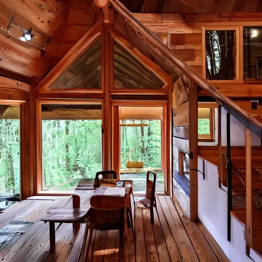 Image similar to photo of the interior of a cozy cabin with french and english and japanese influence and forest theme