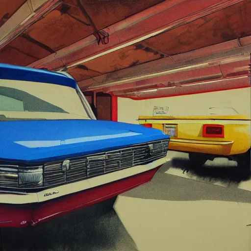 Prompt: detailed details photorealistic pictures of car garage in the style of bob peak and alex ross, gouache and wash paints color, detailed details object proportionate, detailed 5 k details.