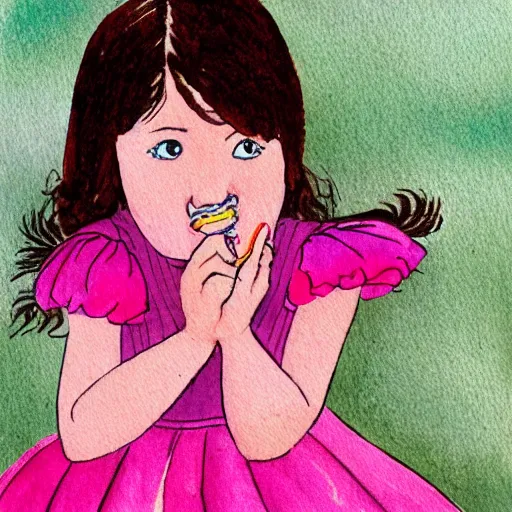 Image similar to a dark haired young girl in a pink dress, shocked expression, hand over mouth, 1990s bedroom, children's book illustration, watercolor, line drawing