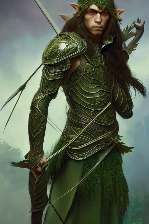 Image similar to male elven Archer armor made of green leaves, fantasy, amber eyes, face, long hair, intricate, elegant, highly detailed, digital painting, artstation, concept art, smooth, sharp focus, illustration, art by artgerm and greg rutkowski and alphonse mucha