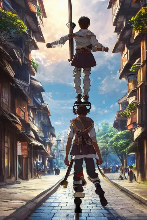 Image similar to ultra detailed keyart of sci - fy movie, a boy carrying a sword in his back is riding a simple bycycle in the main street of isekai shinjuku