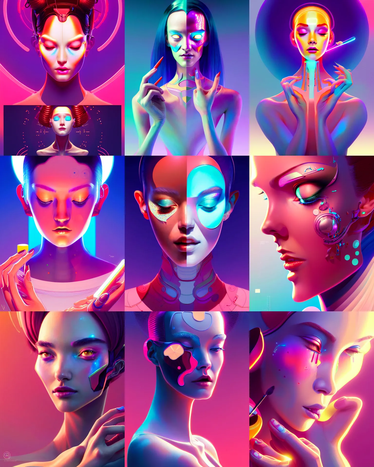 Prompt: ultra detailed, beautiful female android applying makeup and crying. global illumination, vector art, matte painting, concept art. by james jean and moebius and artgerm and liam brazier and victo ngai and tristan eaton.