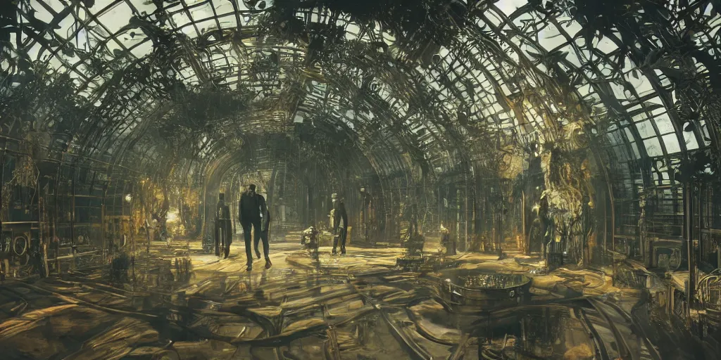 Prompt: octane render, ultra photorealistic, hyper detailed, unreal engine, aisles of amber liquid hyperbaric chambers preserving human bodies, breathtaking sci - fi gothic victorian greenhouse terrarium artwork by james cameron, greg rutkowski, alphonse mucha, james gurney inspired by blade runner 2 0 4 9