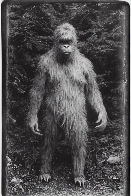 Image similar to a wet plate photograph of a Bigfoot