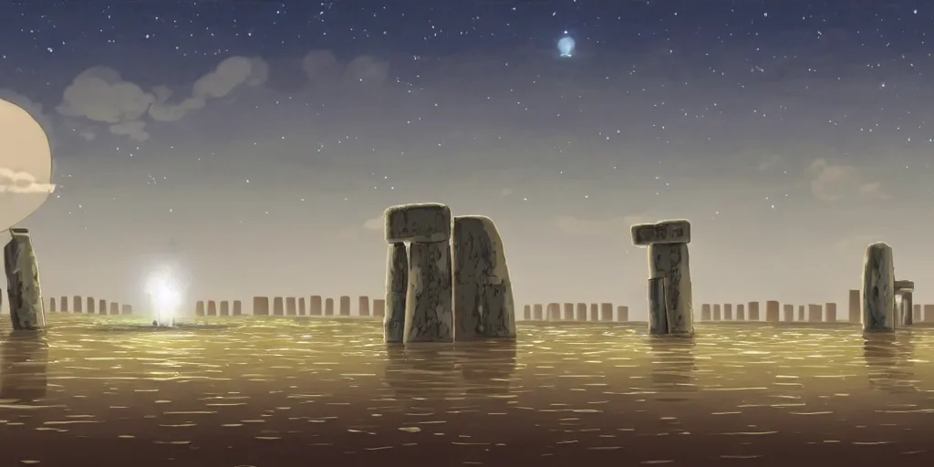 Image similar to a cell - shaded studio ghibli concept art of a huge silver hovering ufo shining a spotlight on a middle eastern merchant in a flooded stonehenge desert road gas station on a misty starry night. very dull colors, hd, 4 k, hq