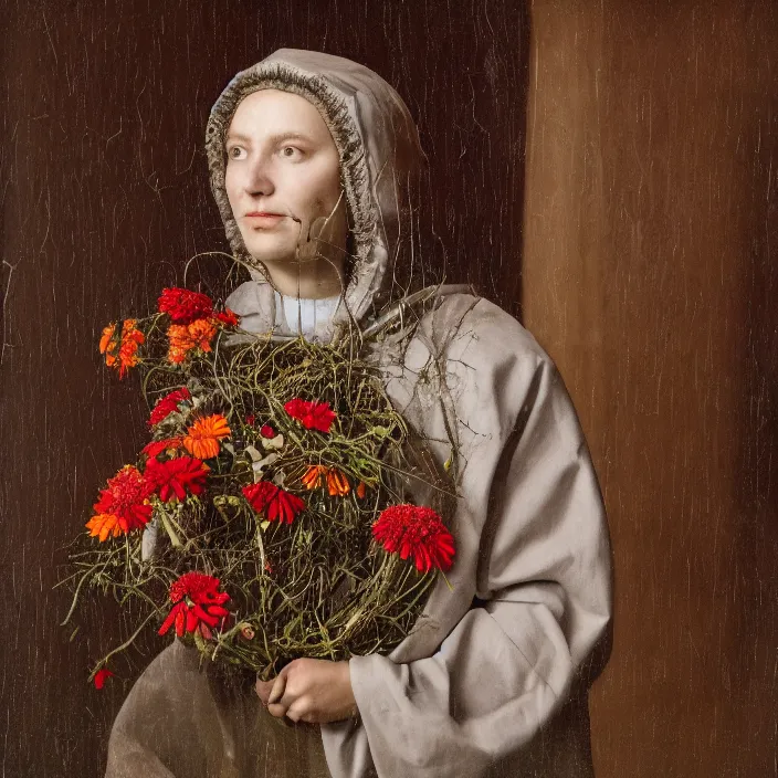 Image similar to a woman wearing a hood made of wire and zinnias, in an abandoned office building, by jan van eyck, canon eos c 3 0 0, ƒ 1. 8, 3 5 mm, 8 k, medium - format print