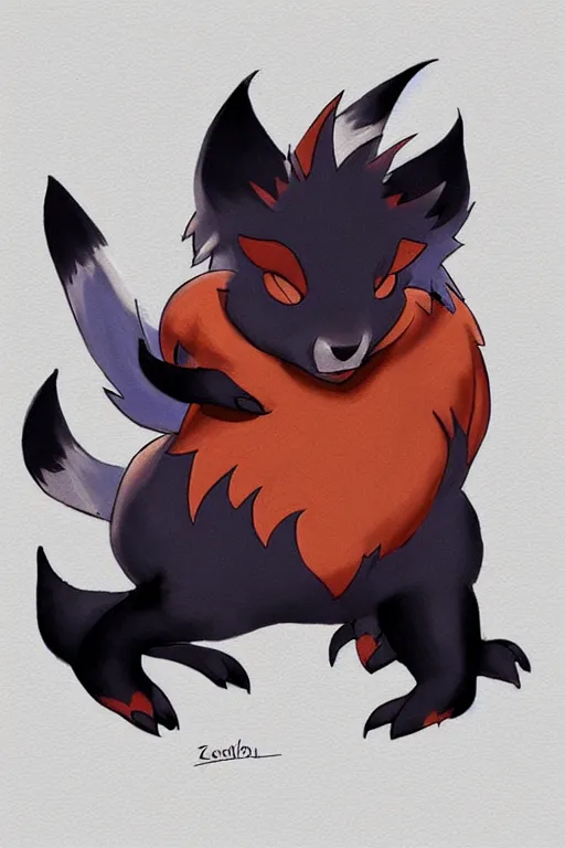 Image similar to zorua pokemon, stylised fox - like appearance, black and auburn colour pallet, thick furry neck and chest fluff, stylised 🖌 - like hair, pokemon concept art with multiple angles, super detailed, clean lines, digital art