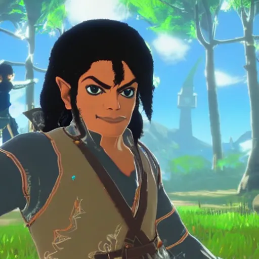 Prompt: Michael Jackson in Zelda Breath of the Wild screenshots