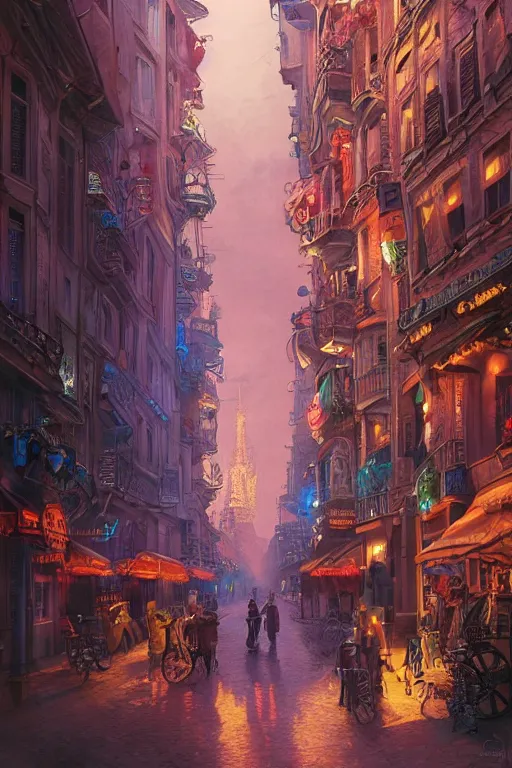 Prompt: insane perspective of colorful street vue from steampunk paris, intricate details, realistic shaded ,, highly detailed, artstation, painting by François Schuiten and moebius, disney fantasy style, volumetric light, neon lights, cinematic mood