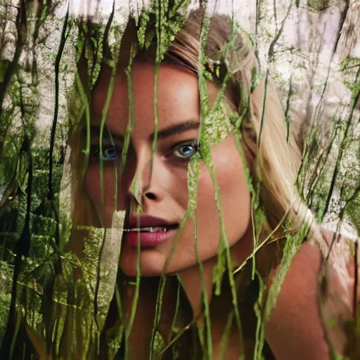 Prompt: double exposure photography of margot robbie in nature