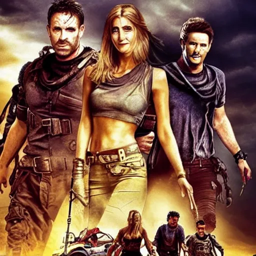 Image similar to The cast of Friends in Mad Max Fury Road (2015) dynamic action battle