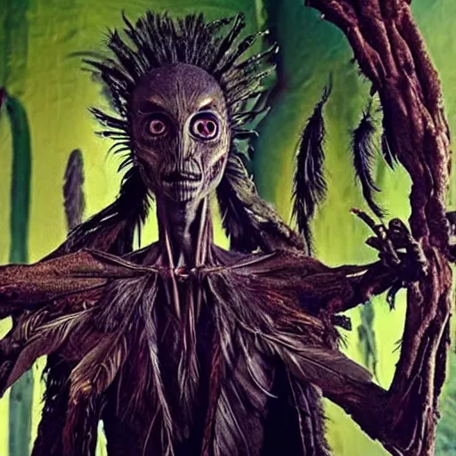 Image similar to humanoid alien species with human face, black feathers instead of hair, feathers growing out of skin, wings growing out of arms, transformation, tim burton, guillermo del toro