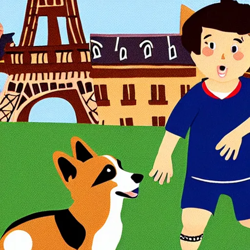 Image similar to illustration of french boy in paris playing football against a corgi, the corgi is wearing a polka dot scarf