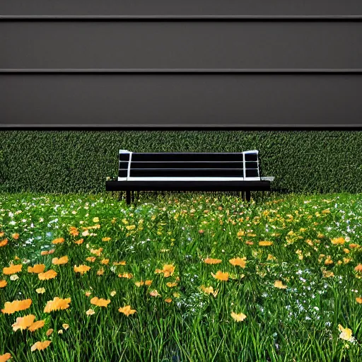 Image similar to black background, bench made of spring plants, hyperrealistic, concept art, octane render, unreal engine 5, trending on artstation, high quality, highly detailed, 8 k hdr, no lighting, path traced, black background, bloom, high coherence, symmetrical, high contrast, digital art, serene landscape, cinematic