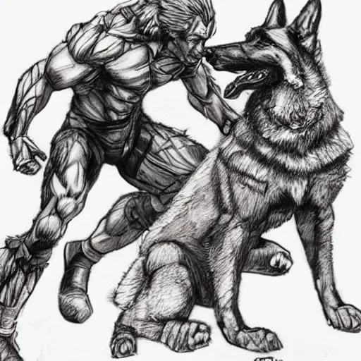 Image similar to a humanoid german shepherd beast - man wrestling with another german shepherd in the middle of an arena, pencil art, added detail, high definiton, colored, aerial viewyoji shinkawa