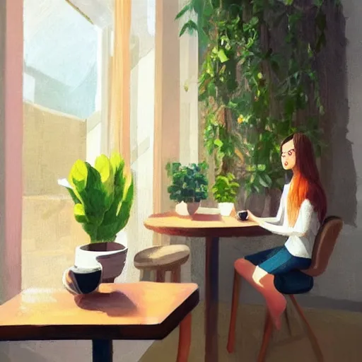 Image similar to a cozy cute cafe with tables, a big window and plants, a young pretty thin filipino woman with long hair sits with an espresso, golden morning light, dramatic light, happy cozy feelings, oil painting trending on artstation