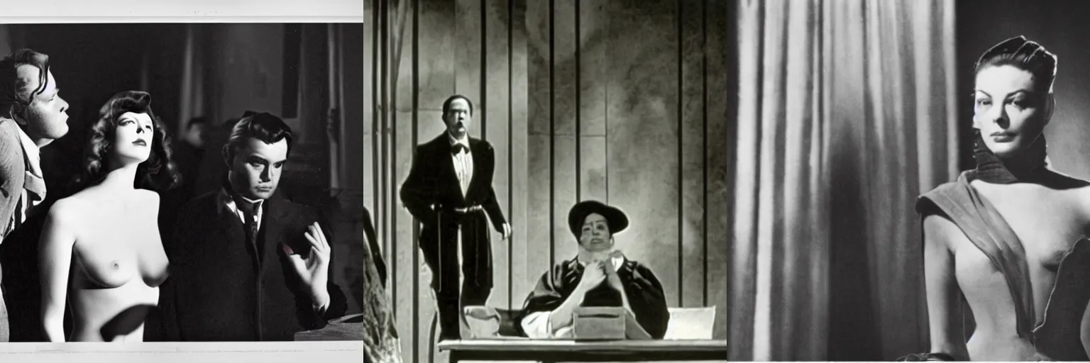 Prompt: still of the trial by orson welles in the style of a novel of marquis de sade starring ava gardner as the accused in the center of a large courtroom