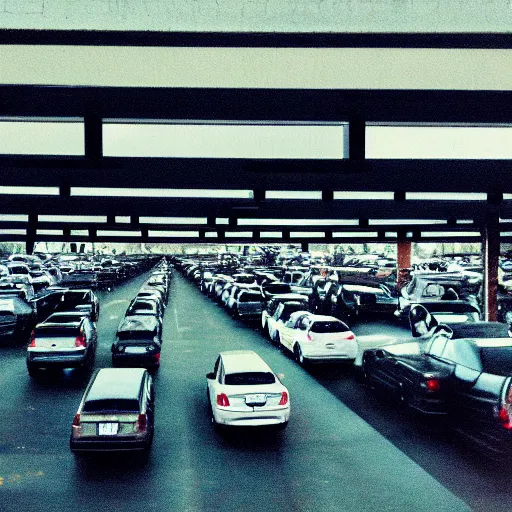 Image similar to Beatiful liminal Fuzzy Photograph of an infinite never-ending parking lot filled with cars, low angle