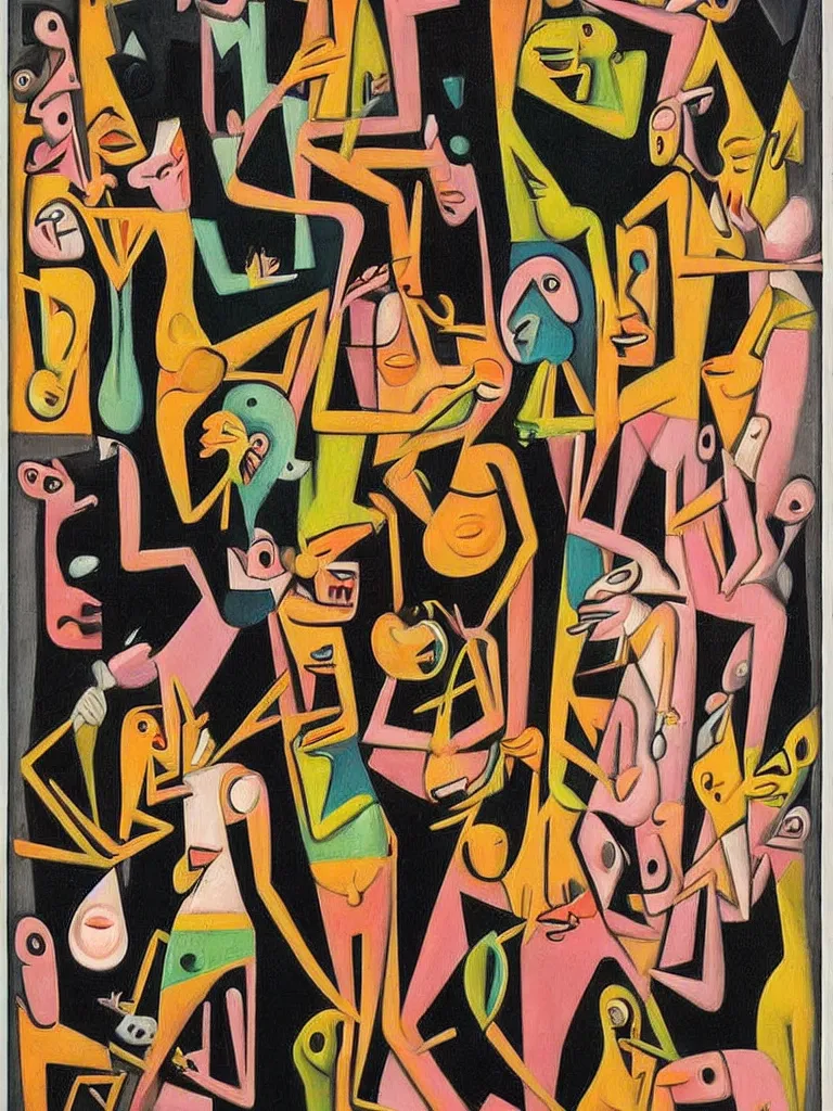 Prompt: a minmal surrealist painting of a nightclub of drunken people, art by victor brauner, aesthetically pleasing and harmonious neon pastel colors, expressionism