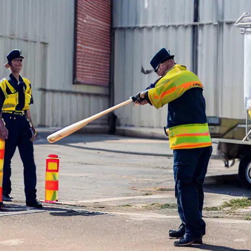 Prompt: a combine civil protection guard hitting a soda can with a baseball bat