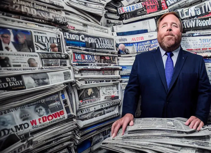 Prompt: dslr photo still of infowars host alex jones in a blue suit fat grey beard and mustache in a!!! room filled to the ceiling with newspapers newspapers to the ceiling newspapers everywhere stacks of newspapers!!!!!! looking at an iphone in shock!!!, 5 2 mm f 1. 8