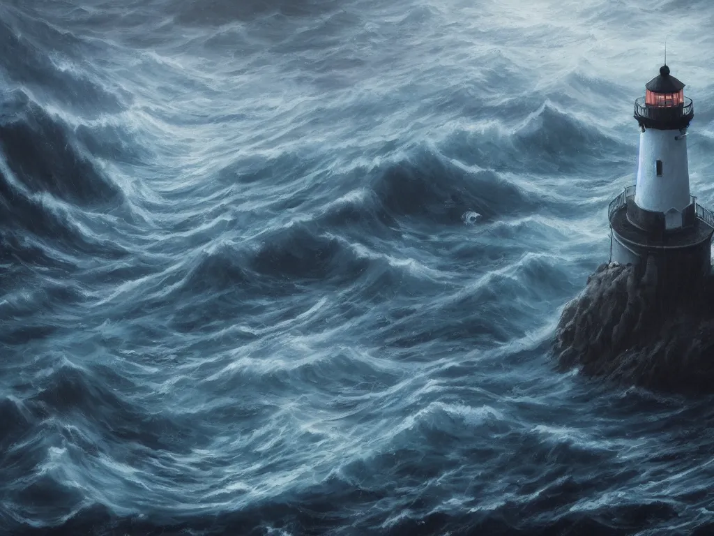 Prompt: a beautifuly ultradetailed painting of a lighthouse in a sea of black water with eldritch terrors crawling up from the water, icy mist, morning shot, raphael lacoste, makoto shinkai, 4 k, trending on artstation, aerial photography, ultrawide lens : 2, dof : - 1, blur : - 1