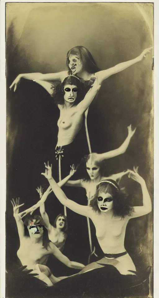 Prompt: wet plate photograph, portrait of olivia newton john cheerfully performing satanic occult dance rituals, alistaire crowley drawings in the background, 1850