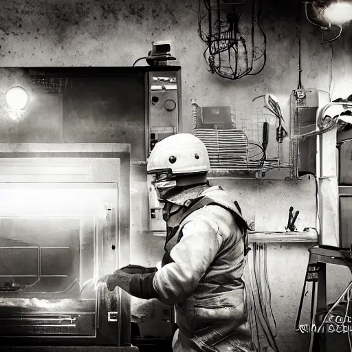 Image similar to cyborg toaster oven repairman, dark messy smoke - filled cluttered workshop, dark, dramatic lighting, orange tint, sparks, plasma rays, cinematic, highly detailed, sci - fi, futuristic, movie still, rule of thirds composition