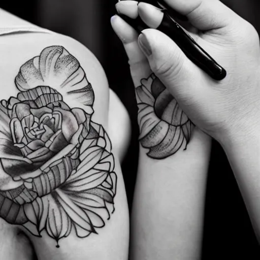Prompt: a tattoo of a tattoo artist drawing a tattoo