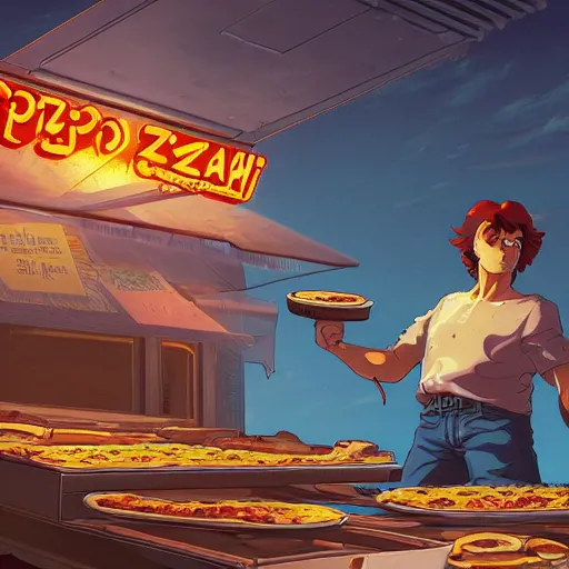 Image similar to the second coming of the pizza guy by dan mumford, yusuke murata, makoto shinkai, ross tran, cosmic, heavenly, god rays, intricate detail, cinematic, 8 k, cel shaded, unreal engine, featured on artstation, pixiv