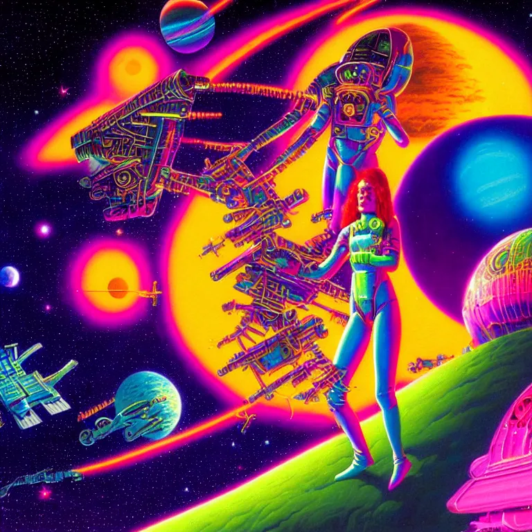 Prompt: cosmic astronaut girl, 2 0 yo, close - up, synthwave, bright neon colors, highly detailed, cinematic, tim white, roger dean, michael whelan, jim burns, bob eggleton, philippe druillet, vladimir kush, kubrick, alfred kelsner, vallejo