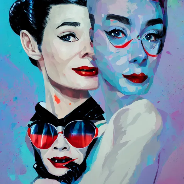 Prompt: portrait of Audrey Hepburn as a harley quinn. intricate abstract. intricate artwork. by Tooth Wu, wlop, beeple, dan mumford. octane render, trending on artstation, greg rutkowski very coherent symmetrical artwork. cinematic, hyper realism, high detail, octane render, 8k, iridescent accents