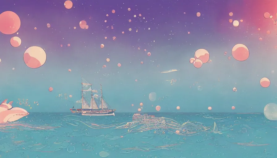 Prompt: a sailing ship in the sea with bubbles floating and a whale in the sky by inio asano, beeple and james jean, aya takano color style, 4 k, super detailed, night sky, digital art, digital painting, celestial, majestic, colorful