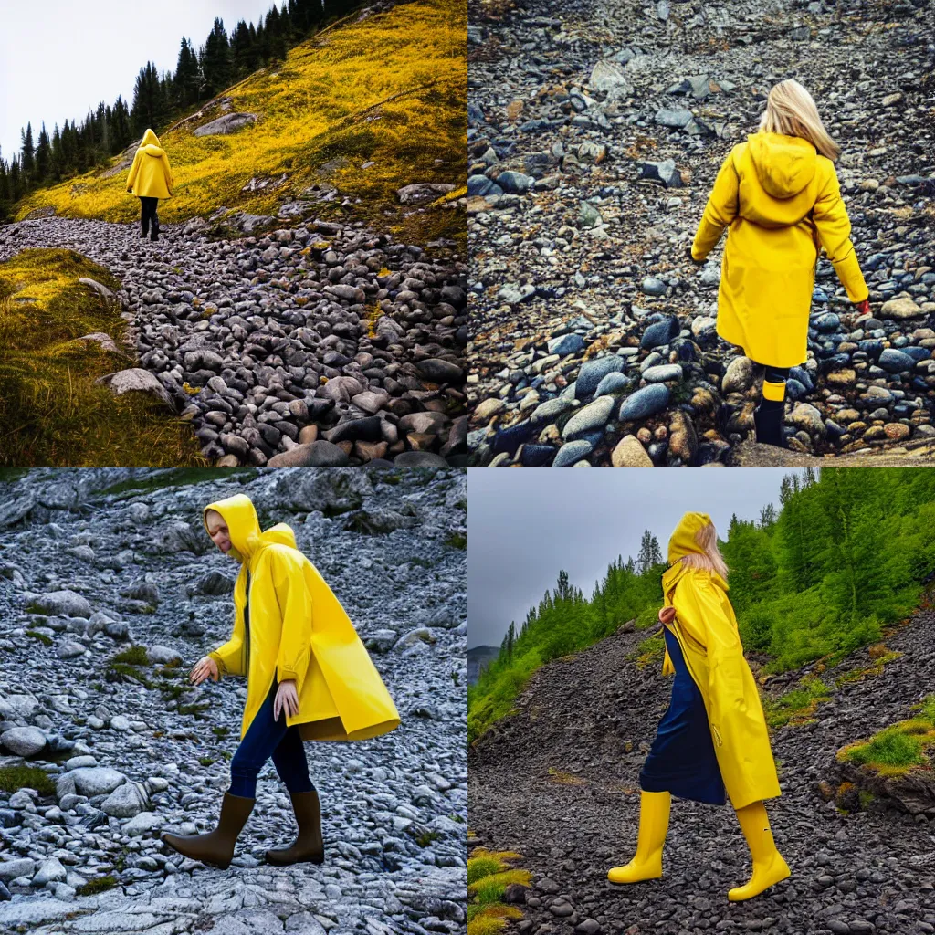 Prompt: Beautiful blonde woman dressed in yellow raincoat and yellow rubber boots walks down the mountain slope full of stones in Finland,