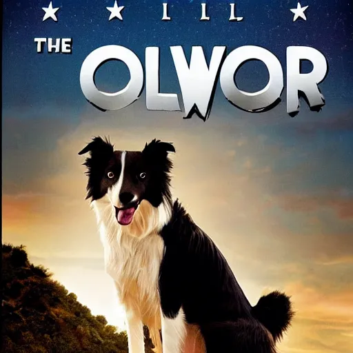 Prompt: movie poster for hollywood movie about border collie dog saving the world