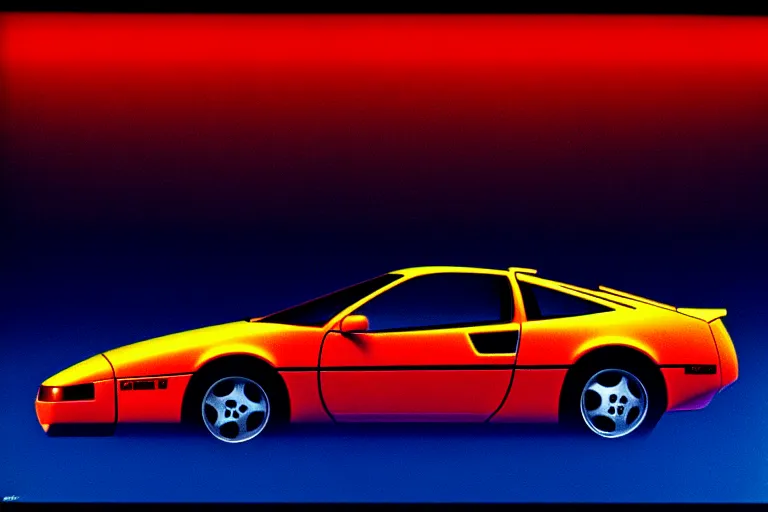 Prompt: designed by giorgetto giugiaro stylized poster of a 1 9 9 0 nissan 3 0 0 zx with thick neon lights as an ektachrome photograph with volumetric lighting cinematic eastman 5 3 8 4 film