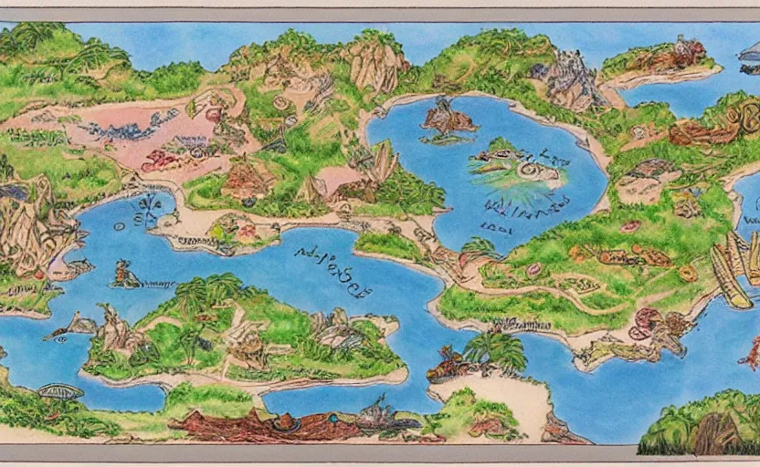 Image similar to fantasy island map, drawn with crayons, detailed