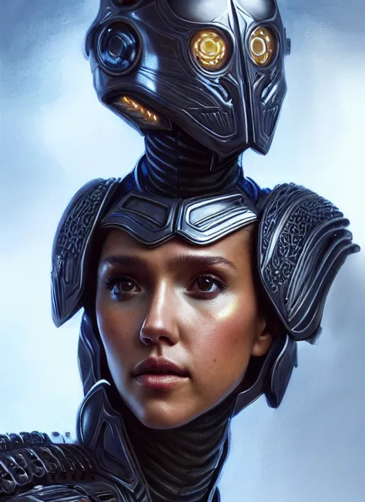 Image similar to portrait of a beautiful female soldier from the future wearing armor, jessica alba, intricate, elegant, glowing lights in armor, highly detailed, digital painting, artstation, glamor pose, concept art, smooth, sharp focus, illustration, epic angle, art by artgerm and greg rutkowski, artey freytag, alvin schwartz