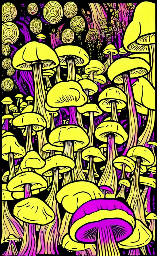 Prompt: psychedelic mushrooms wide angle shot, white background, vector art, illustration by frank frazetta