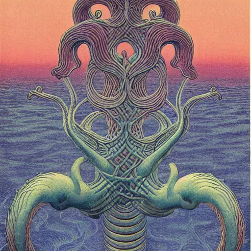 Prompt: hydra, highly detailed, artstation, in the style of moebius, jugendstil and classic japanese print, art by rene magritte and jean delville