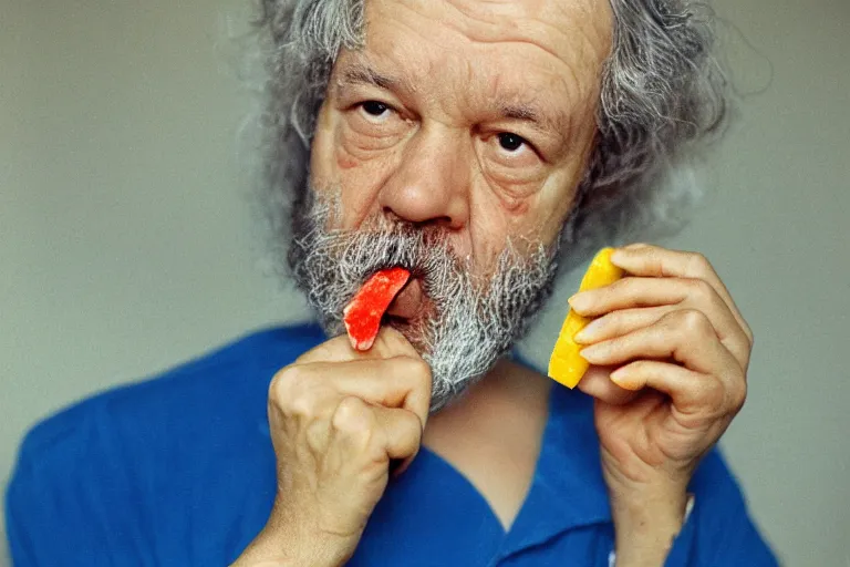 Prompt: A Martin Parr closeup portrait of Socrates eating a popsicle, in the style of Martin Parr The Last Resort, ring flash closeup photograph