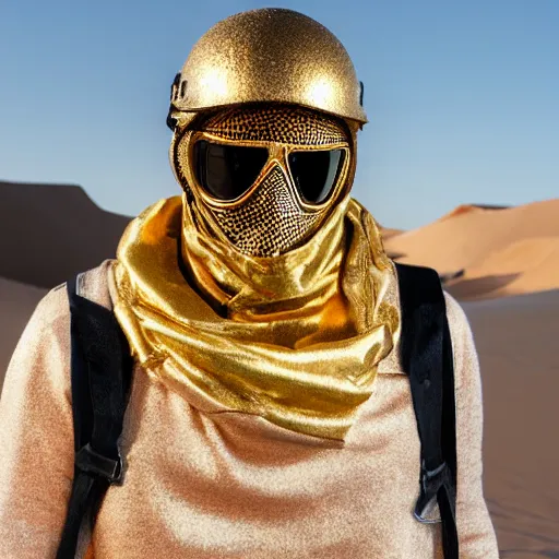 Prompt: Portrait of an editorial model with reflective ornate gold color blocks helmet mask scarf standing in sand dunes in the Grand Budapest Hotel