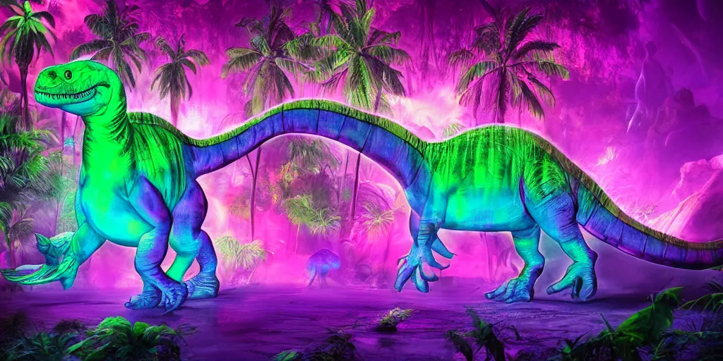 Image similar to spectral purple neon dinosaur, spectral neon pink dinosaur, spectral yellow neon dinosaur, green jungle background, detailed, ultrawide landscape