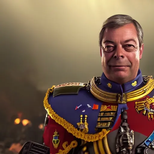 Image similar to nigel farage as a space marine in warhammer space marine, splash art, movie still, cinematic lighting, dramatic, octane render, long lens, shallow depth of field, bokeh, anamorphic lens flare, 8 k, hyper detailed, 3 5 mm film grain