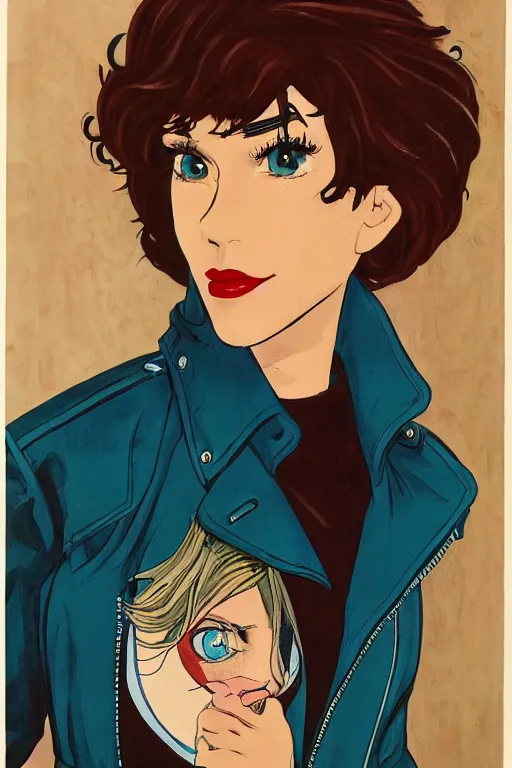 Image similar to portrait of an attractive young female protagonist, center focus, wearing leather jacket, in city street, detailed face, artwork by ralph bakshi