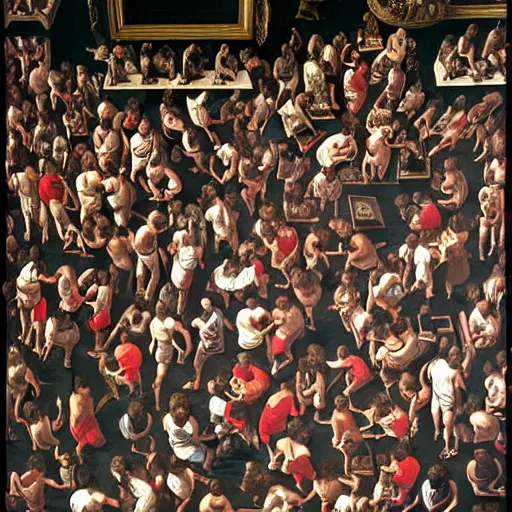 Prompt: highly detailed where's wally? by caravaggio and martin handford wiew from above